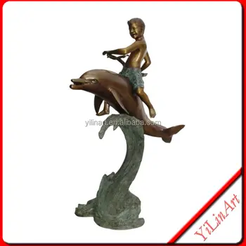 Nude Boy Riding On The Back Of Dolphin Bronze Sculpture Yl 