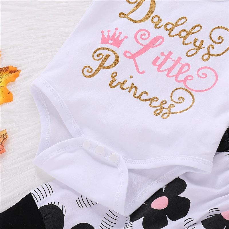 4Pcs Newborn Infant Baby Girl Letter Daddy Little Princess Romper Tops+Floral Pants Hat Clothes Set Hot Sale!