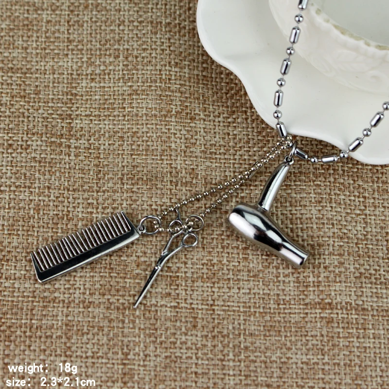 Secador de Pelo Tijeras Peine Collar de encanto Colgante Cabello Tocador Color plata