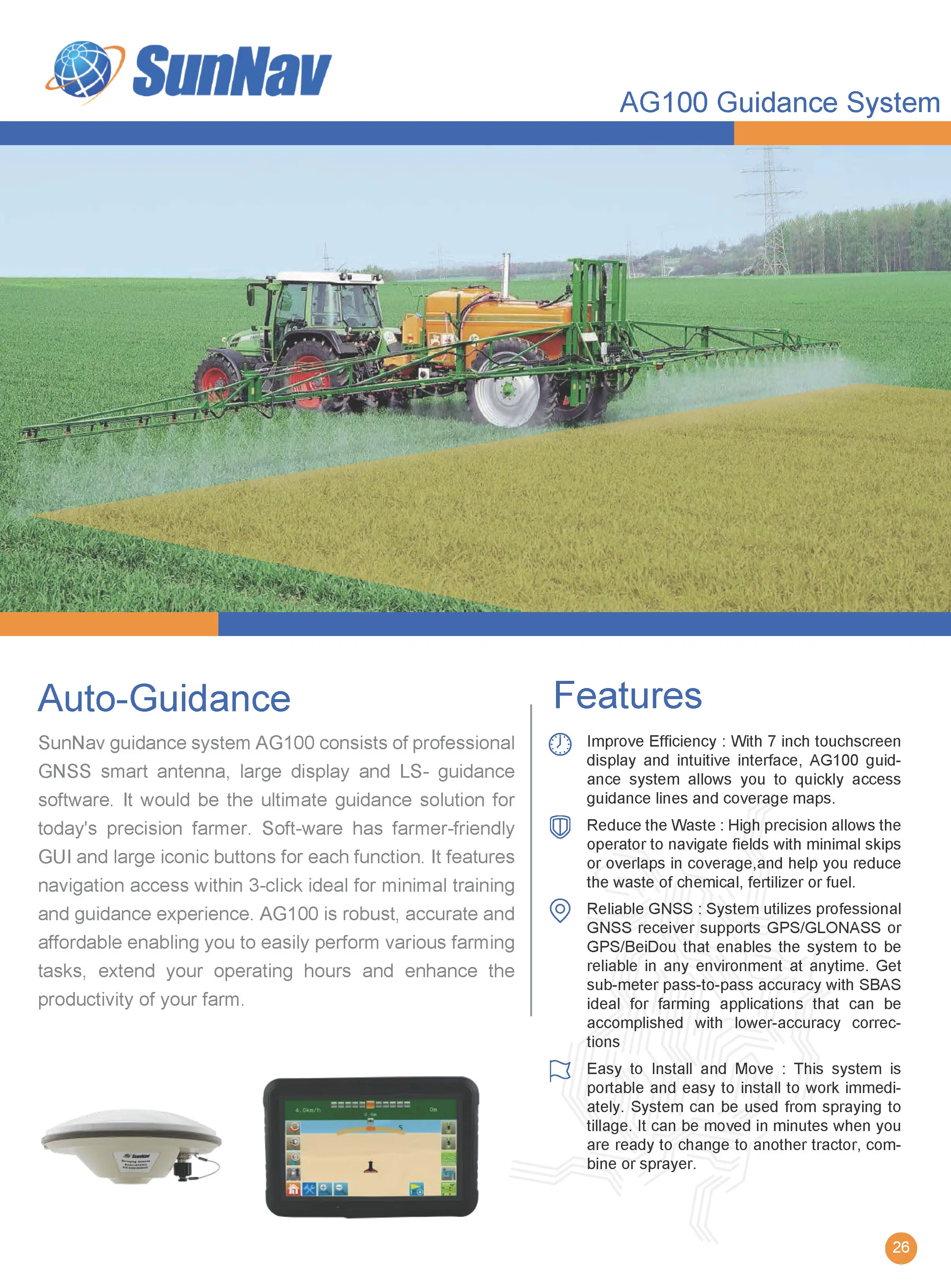 Sunnav High Precision Agriculture Tractor Guidance System Ag100 Tractor