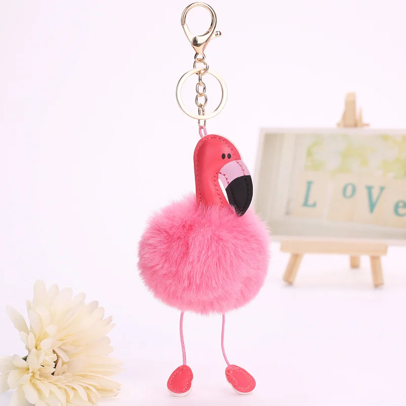 Cute Pompom Keychain Flamingo Key Chain Fluffy Fake Rabbit Fur Ball Women Car Bag Pompon Key