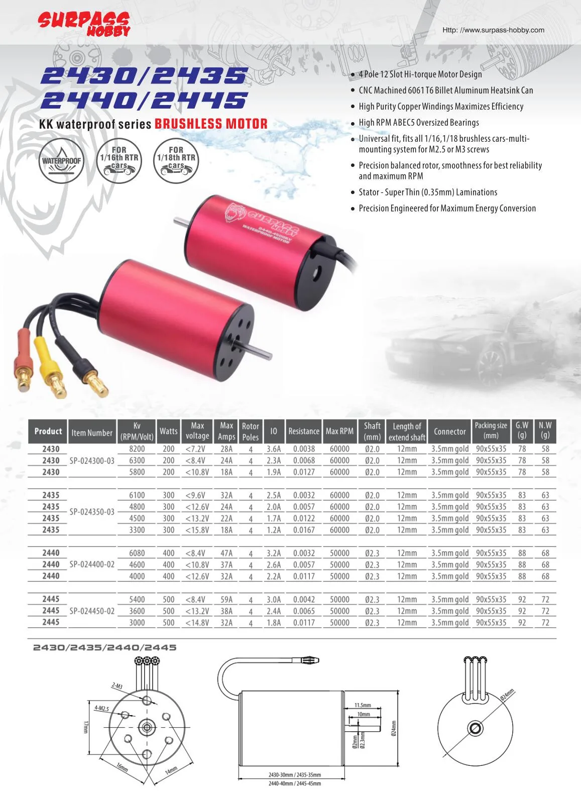 Waterproof motor 2445 50000 rpm dc motor 500 watt rc cars 1/16 electrics brushless dc motor