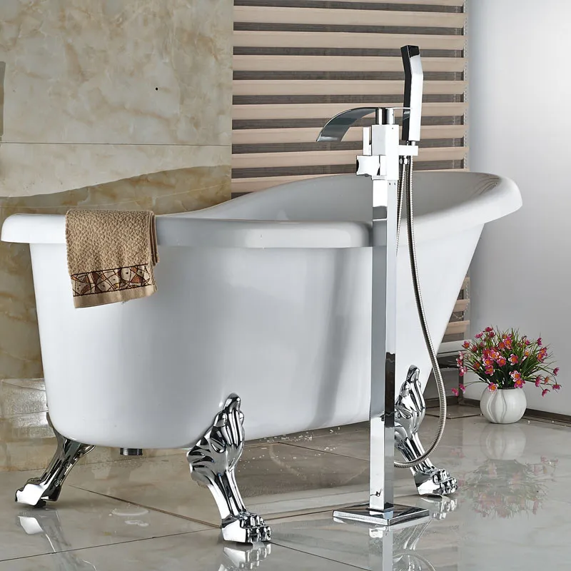 Classic Freestanding Floor Mount Waterfall Spout Bright Chrome Bathtub Faucet Brass Bath Tub