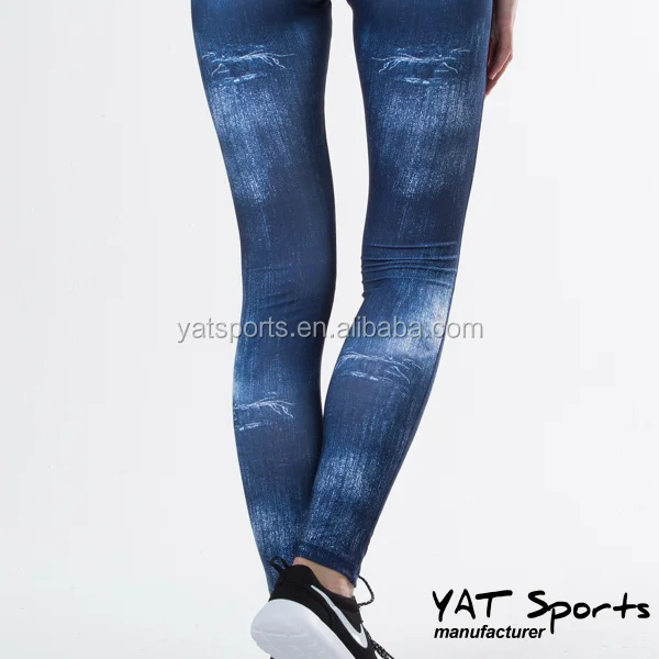 Printed Yoga Pants Faux Denim Jean Look 