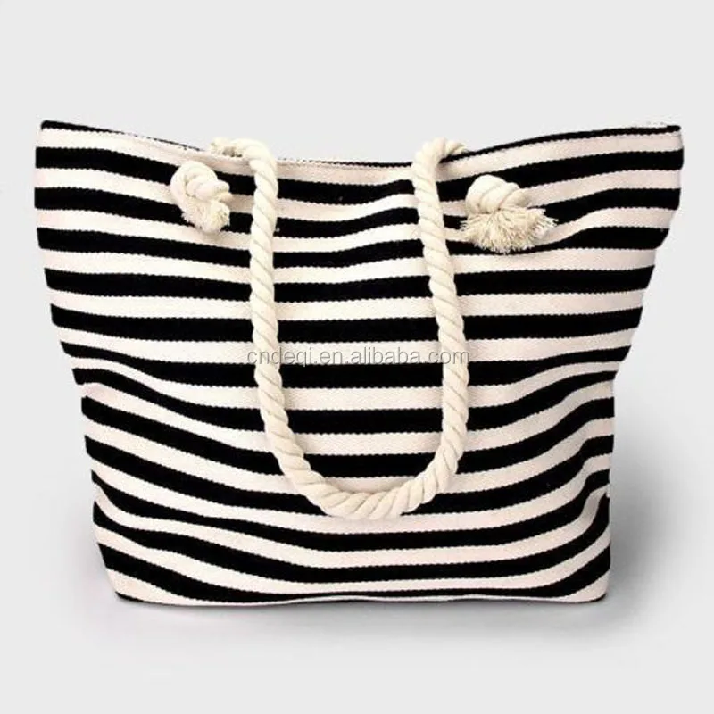 black and white striped beach bag