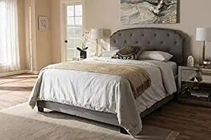 Buy Light Grey Polyester Fabric Upholstered King Size Solid Wood Bed