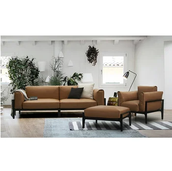 L Shape Brown Teak Wood Leather Sofa Arm Covers Picture Furniture Set