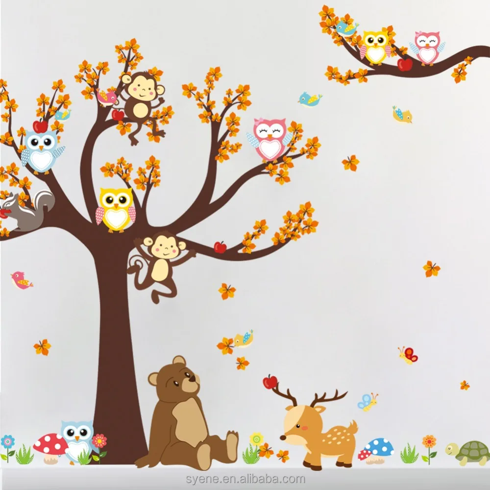 3d Kartun Hewan Stiker Dinding Tk Anak Ruang Bermain Wallpaper Hutan