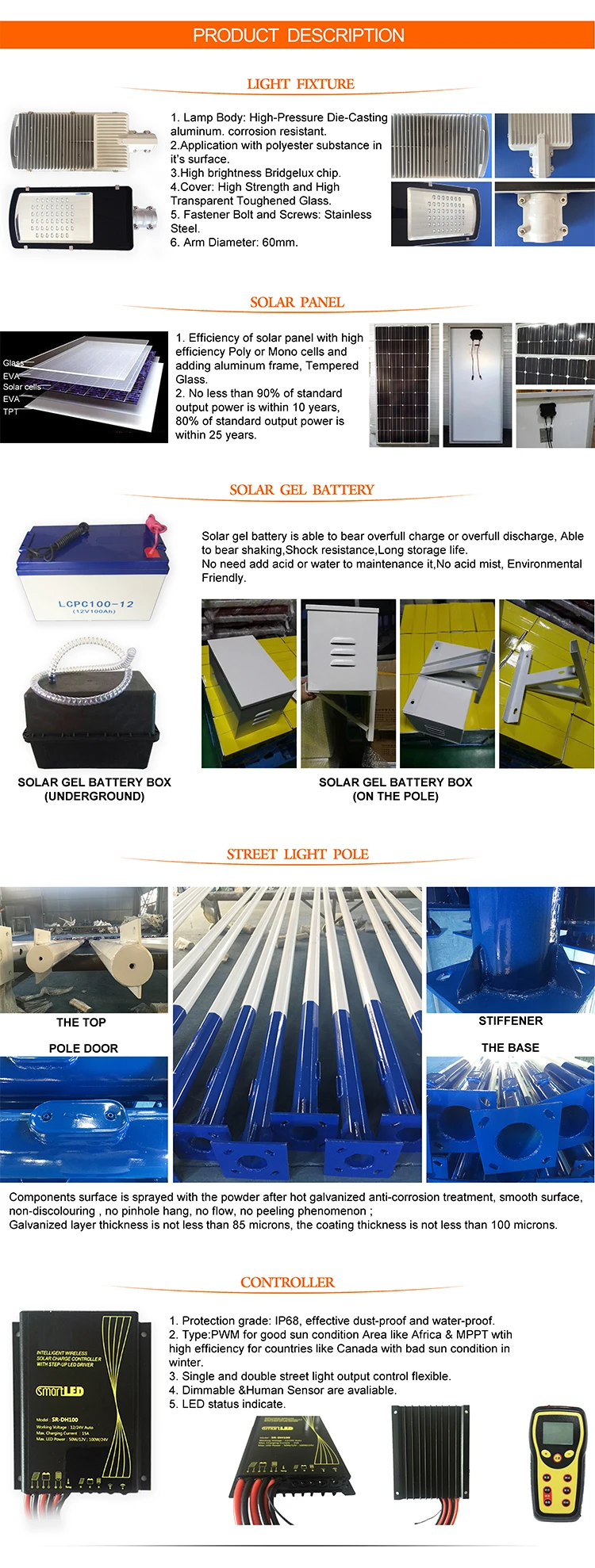 100w 120w 8m galvanized lamppost solar street light