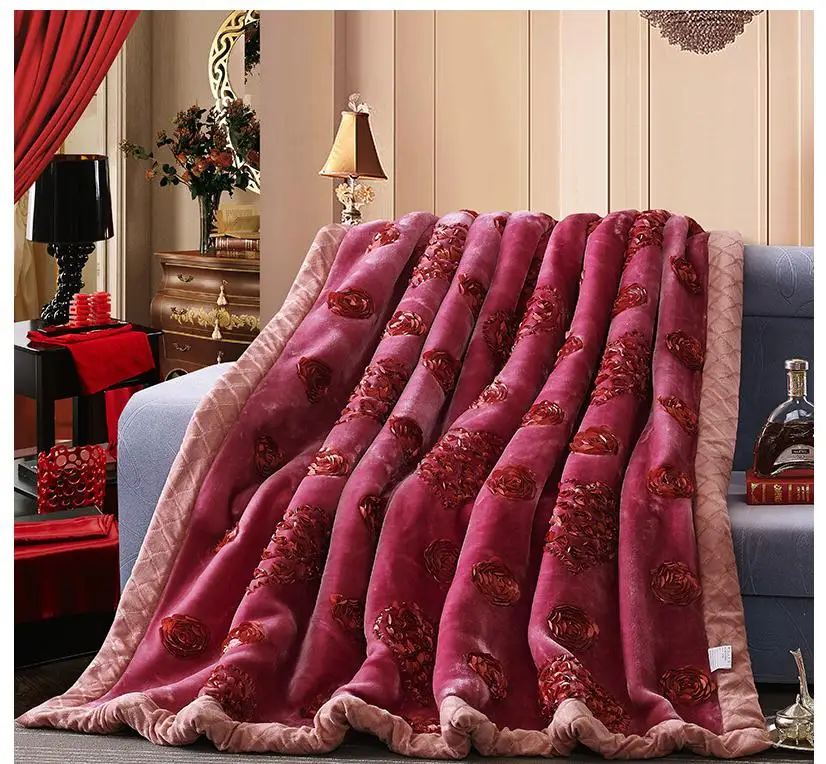 סופר רך חתונה raschel שמיכת גדול גודל פרח רוז הדפסת כפול מצעים אדום חתונה/ביתי כפול מיטת עבור