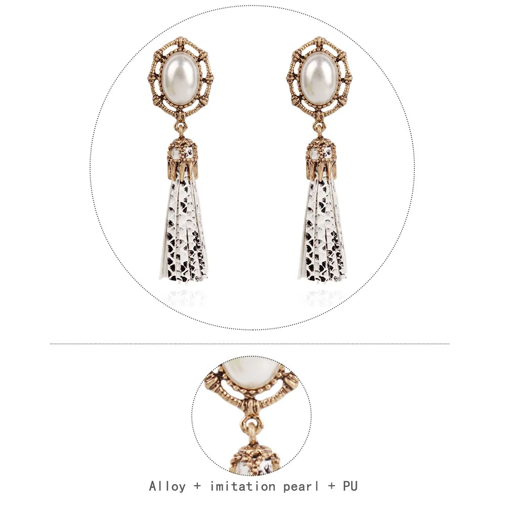 New Design Simple Imitation Pearl Hollow Metal Snakeskin Pattern PU Leather Tassel Earrings