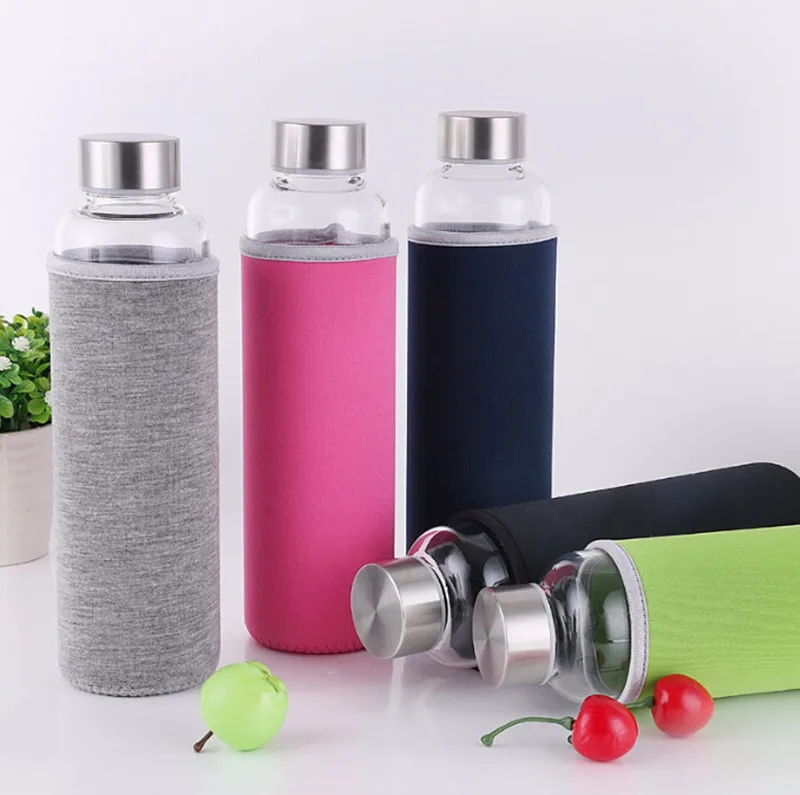 550ml Eco-friendly Glass Water Bottle,BPA-Free Portable Sports Bottle,Leak-proof Stainless Steel Cap with Nylon Sleeve Drinking
