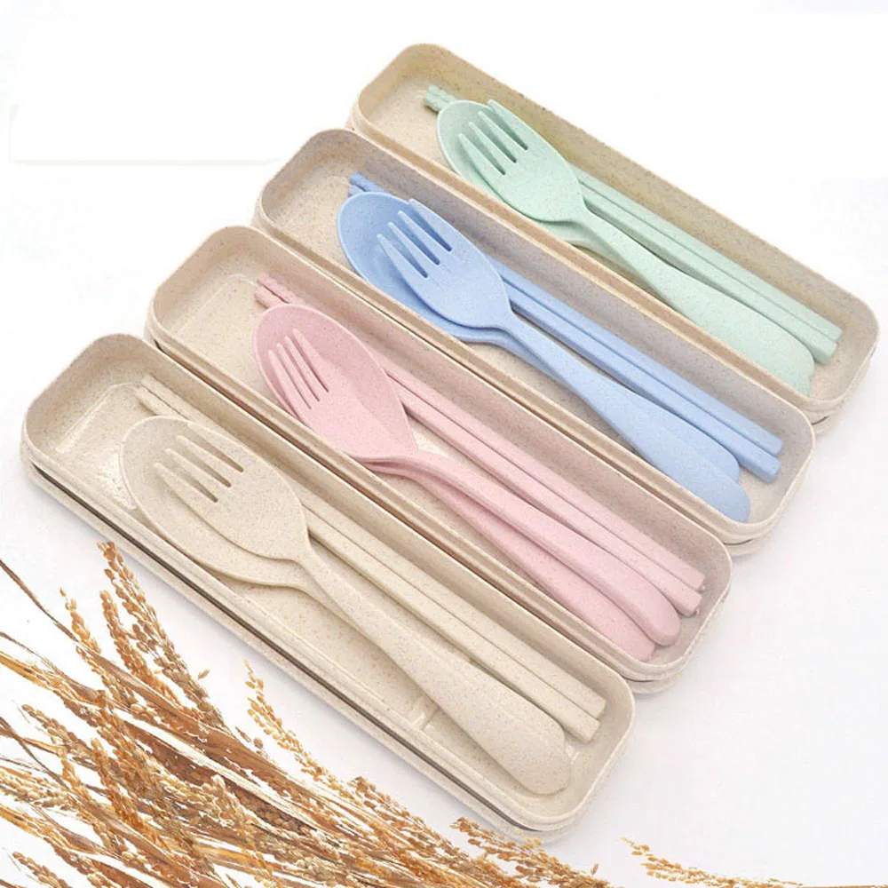 Portable Wheat Straw Cutlery Travel Fork Chopsticks Spoon Camping Picnic