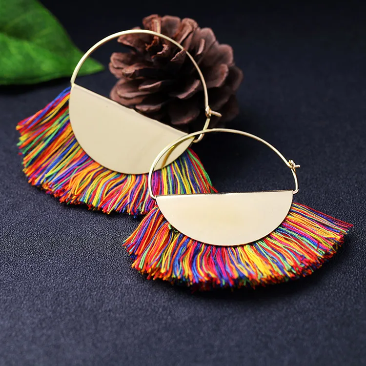 New Arrival Gold Plated Bohemian Handmade Fan Shape Thread Tassel Drop Hoop Earrings