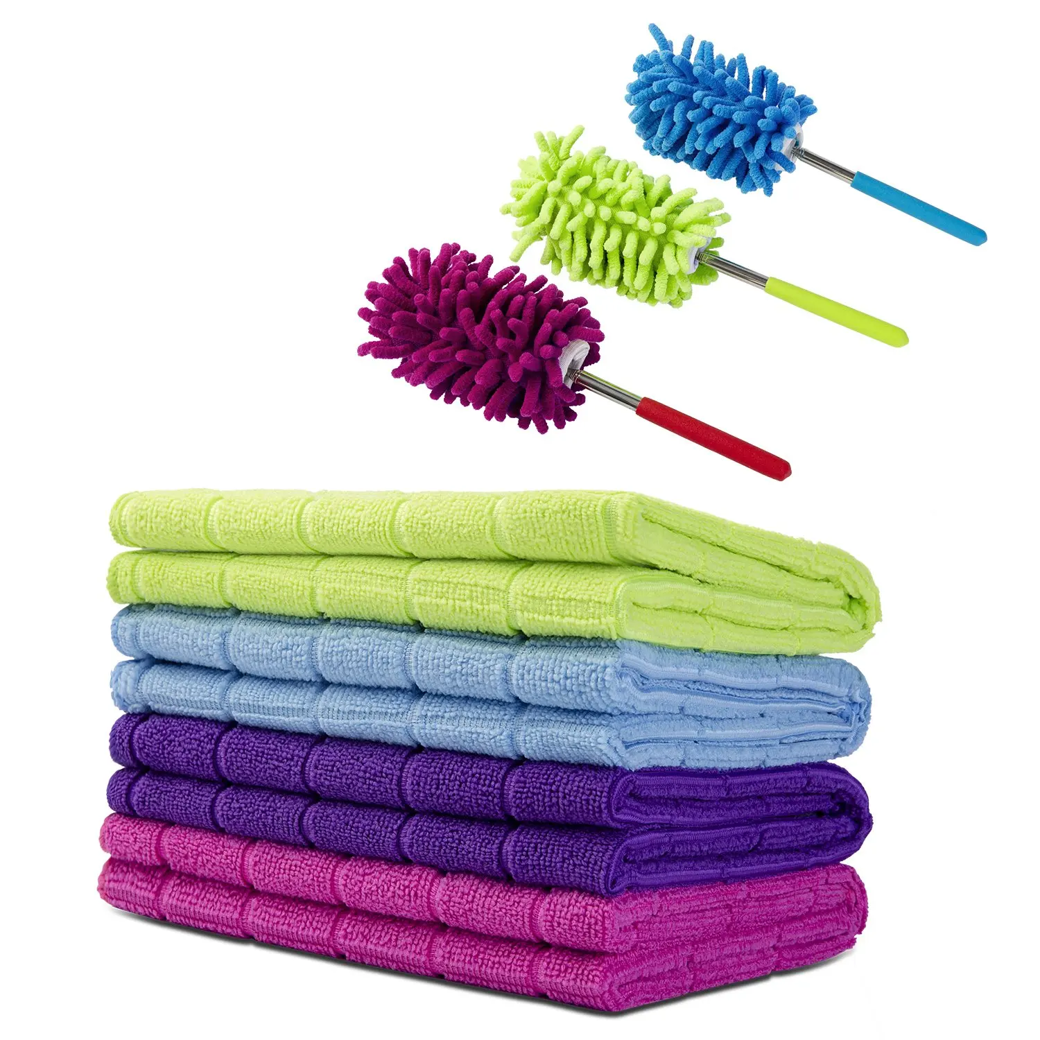 Srotek Cleaning Cloth Set,4 Pack Thick Microfiber/Multi-Purpose Cleaning Towels (15.5"x23.5")/Highly Absorbent Clean Cloth For Cleaning Bathroom,Kitchen/With 3 Piece Microfiber Adjustable Duster