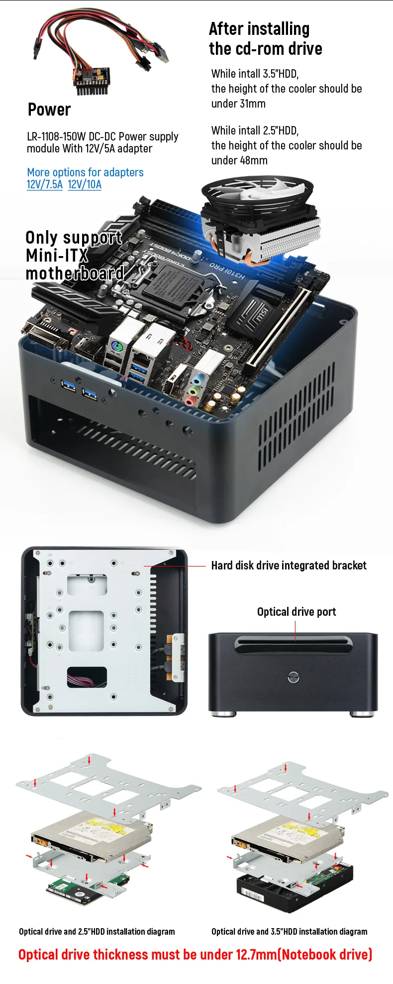 Realan Industrial Thin Mini Itx Aluminium Slim Pc Case Barebone Chassis