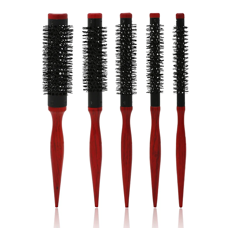 Professional Red Color Wooden Handle Hairdressing Brush Mini Round