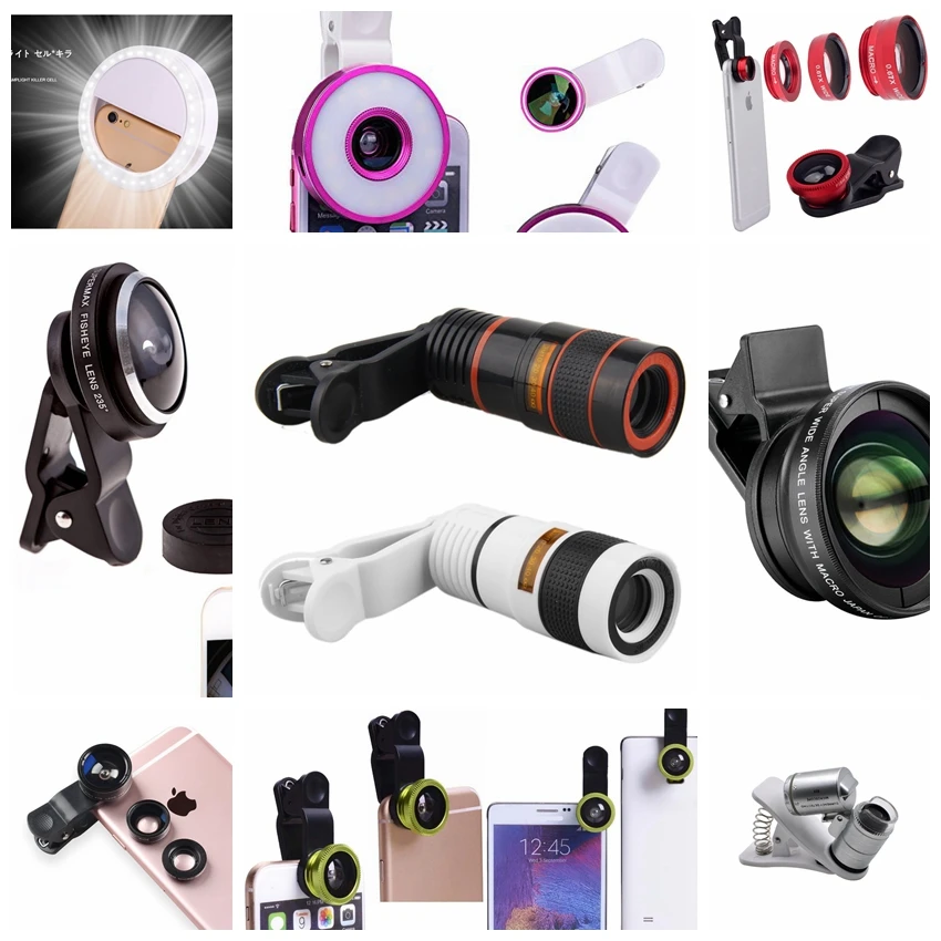 Universal 6 in 1 selfie led flash light optical cell phone camera lens for iphoneX 6 6s plus