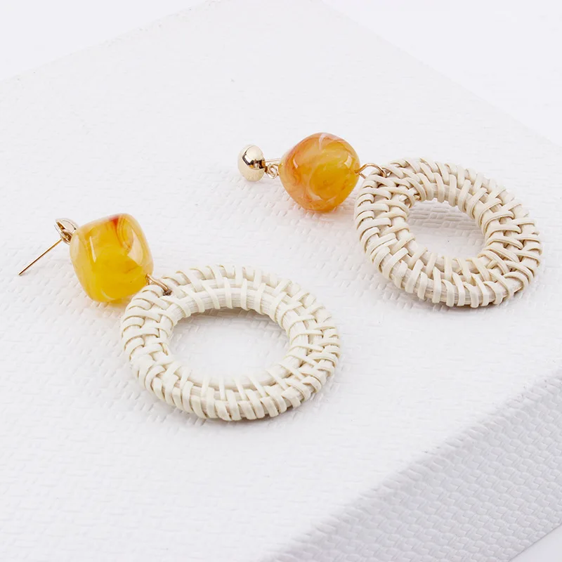Korean Style Statement Handmade Jewelry Rattan Circle Resin Drop Earrings