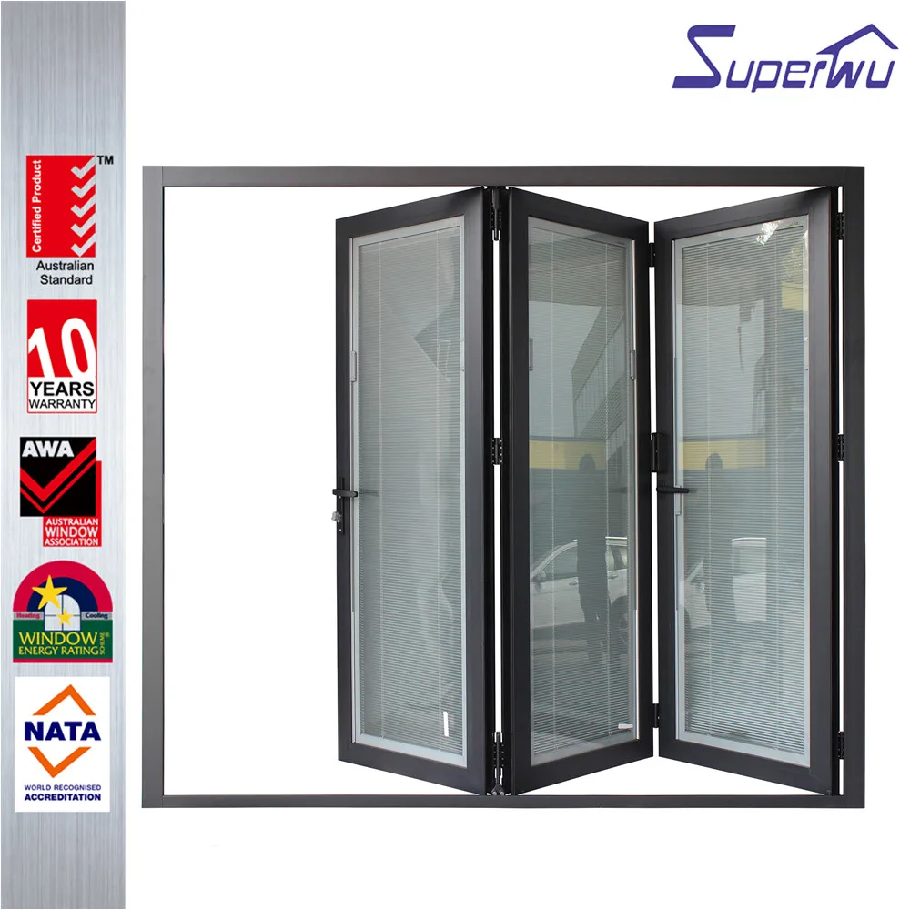NFRC Canada standard commercial powder coating aluminum glass bi fold door with insert blinds and grids