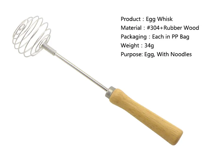 Rubber Wood Handle Stainless Steel  Kitchen Egg Whisk