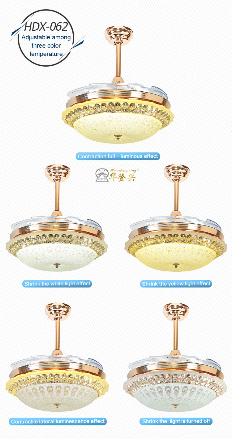 2017 High quanlity Crystal Decorative Invisible Ceiling Fan Light with Hidden Blades Remote Control