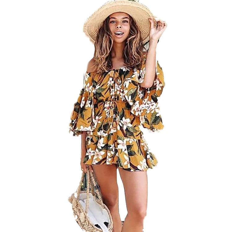 New Bohemian printed women dresses strapless shoulder clothes woman  sexy dress