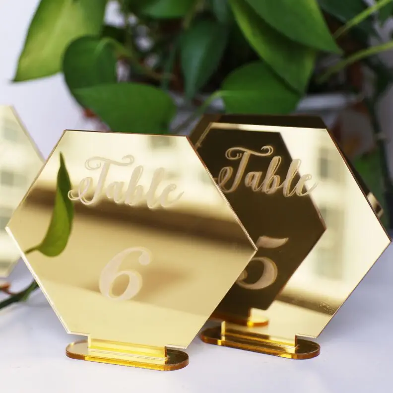 Hexagon Mirror Gold Acrylic Freestanding Numbers Wedding Centerpiece