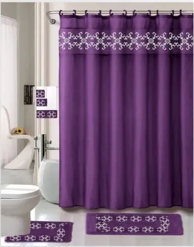 Simone Purple 18 Pieces Shower Curtain, 2 Rugs, 3 Piece Towel Set, 12 Metal Roller Rings