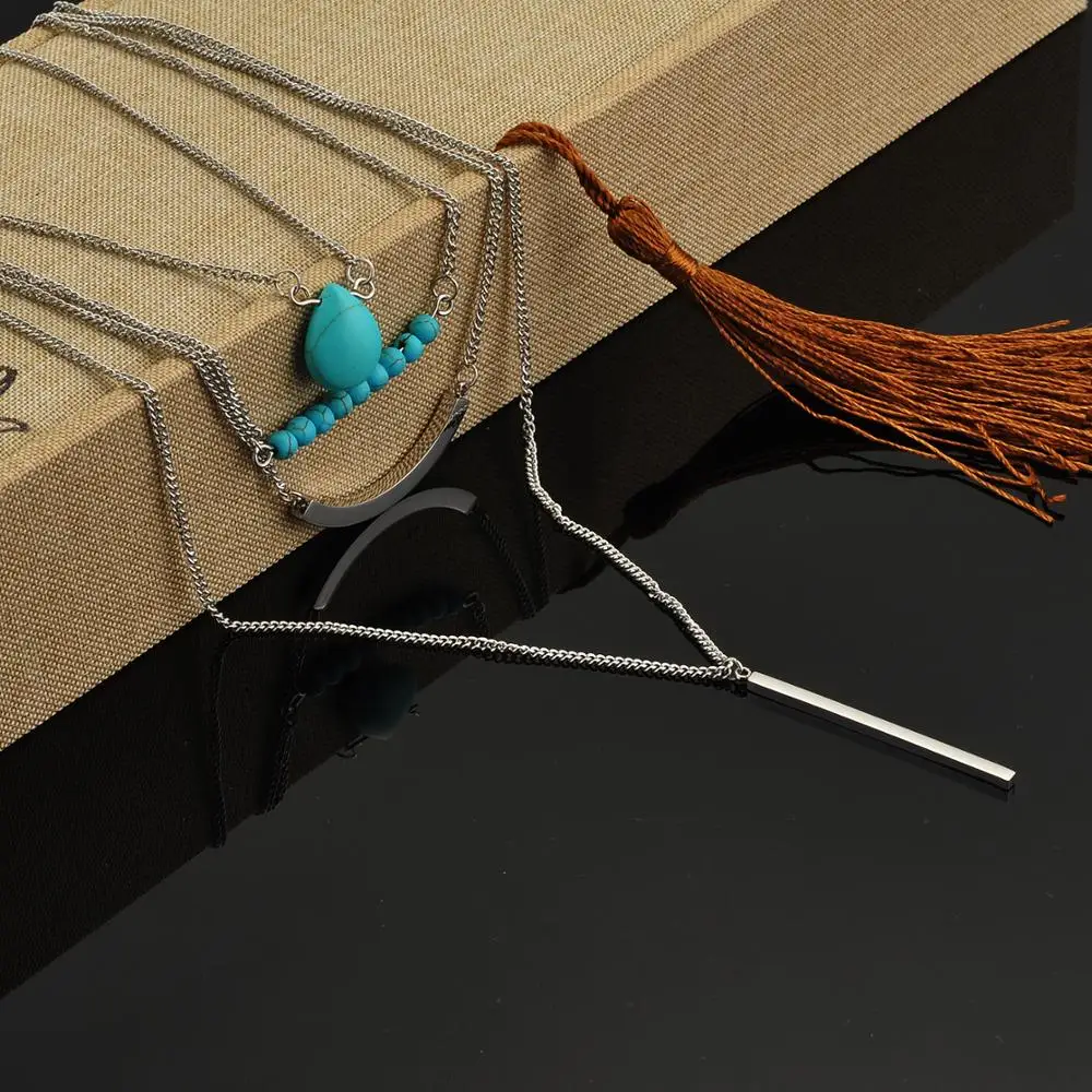 Fashion Jewellery Women Turquoise Stainless Steel Bar Multilayer Necklace