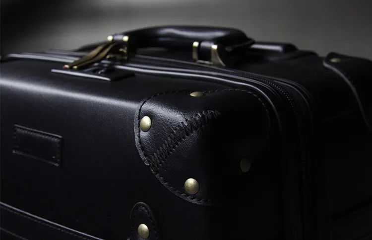 Luxury black pu leather vintage suitcase handmade trolley travel luggage bags