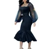 Women Bodycon Dress Mesh Thin Tulle Patchwork Long Sleeves See Through Sexy Tight Robes Package Hip for Classy Ladies Fashion
