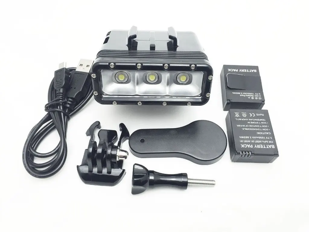 Waterproof Diving Light High Power Dimmable LED Light Underwater Light For Gopro Hero 4/3+/3/2/SJCAM SJ4000/SJ5000/Xiaomi Yi with Two 1000mAh Built-in Rechargeable Battery Charging