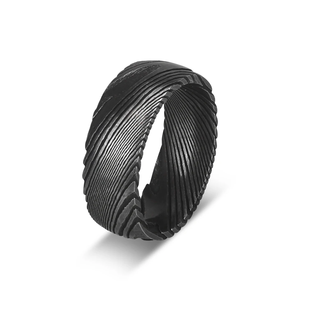 Comfort fit dark gun gray damascus steel rings cool mens rings