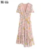 MOLI 2019 Elegant Women Floral Printed Chiffon V-neck Layer Ruffles Irregular Hem Ankle-length Dresses