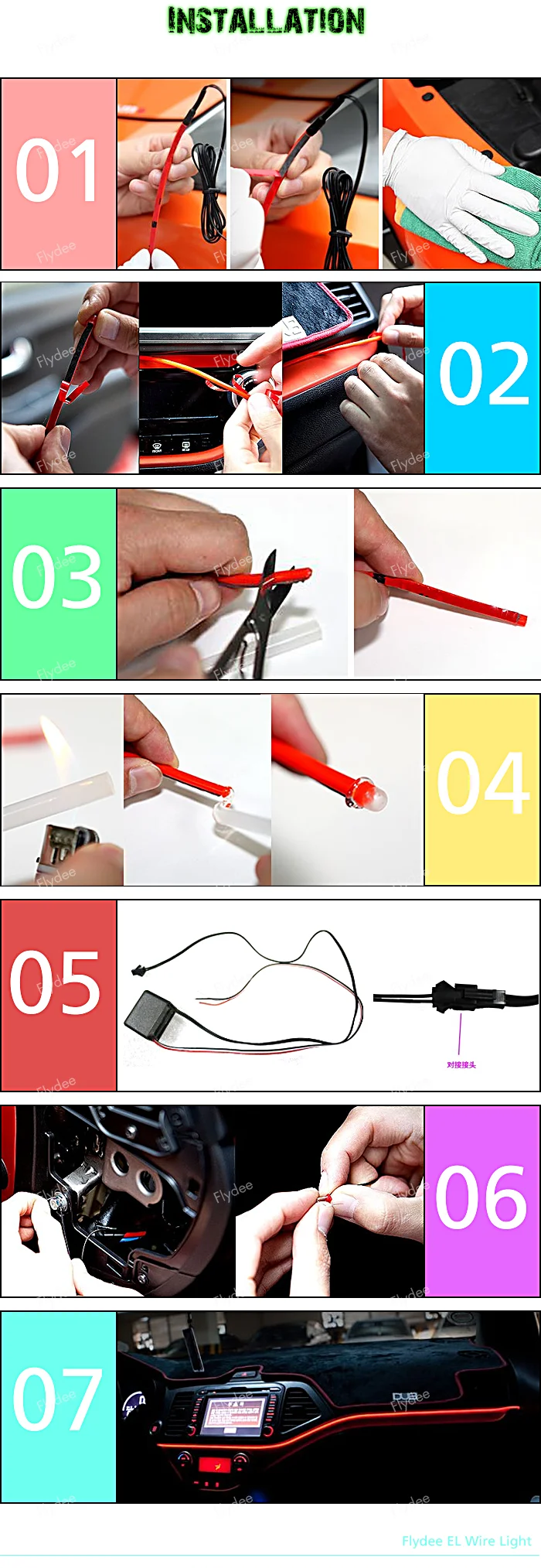 CE bright DC12v electroluminescent wire neon light constant on slow flashing quick flashing