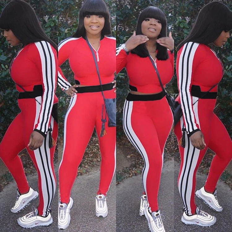 Round Neck White Stripe Red Sports Tracksuit For Women - Buy Tracksuit ...