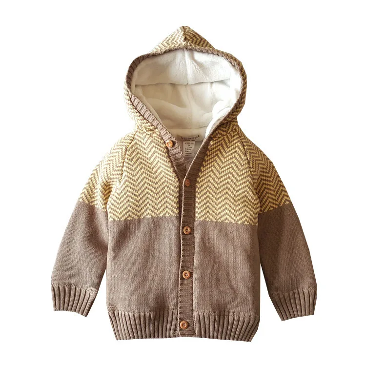 Fashion Design Kids Khaki Knitted Fleece Jacket Boys Hoodies Winter