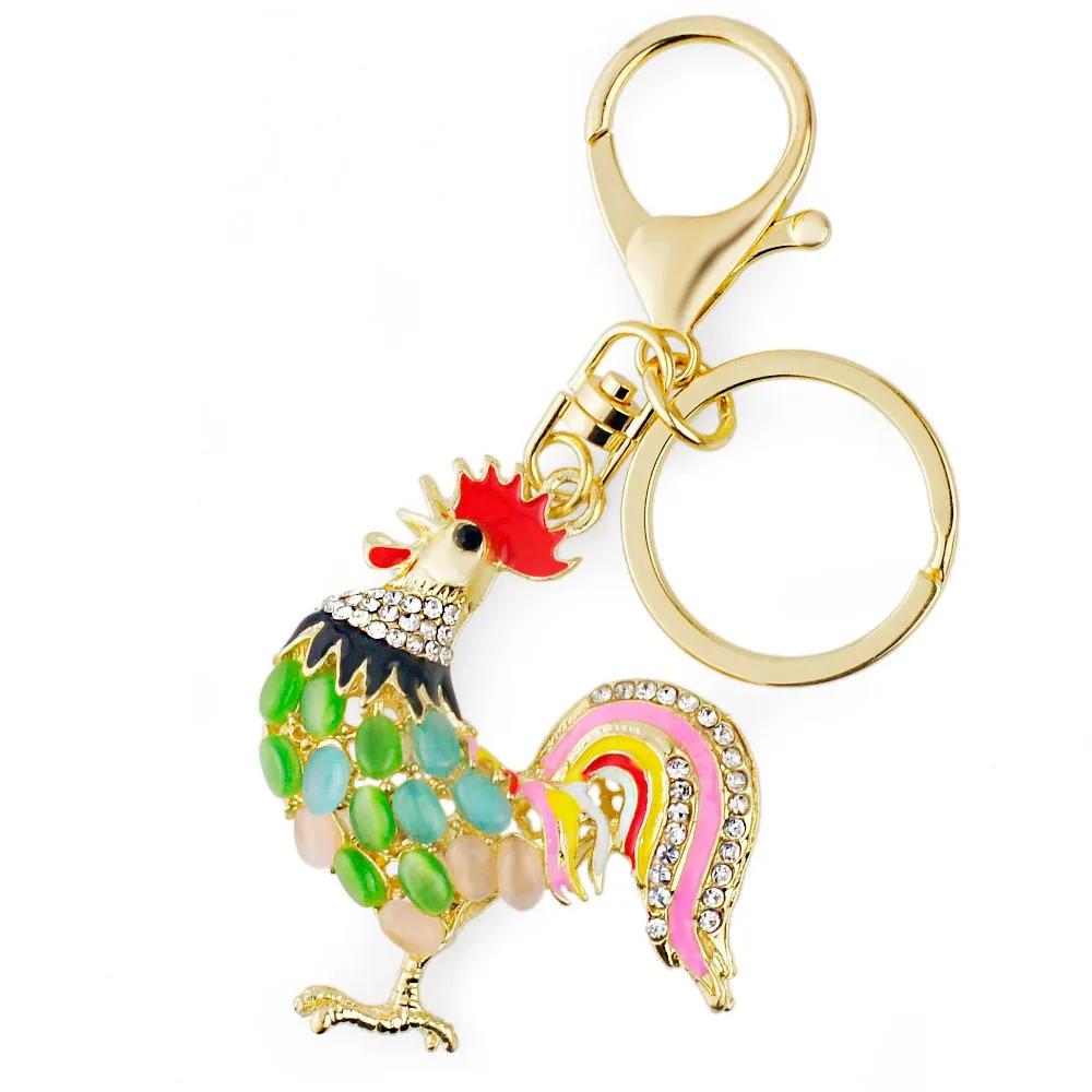 Pretty Chic Opals Cock Rooster Chicken Keychains Crystal Bag Pendant