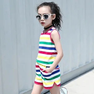 Fashion girl sleeveless stripe t-shirt and elastic shorts 2018 summer korean kids vest top and brief clothing sets Fashion girl sleeveless stripe t-shirt and elastic shorts 2018 summer korean kids vest top and brief clothing sets