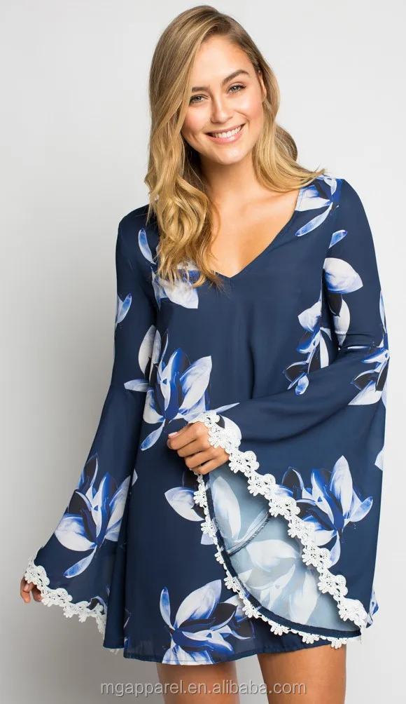 Floaty Glocke Armel Chic Etuikleid Blau Blumendruck Frau Kleid In Boho Stil Buy Etuikleid Boho Kleid Boho Schickes Kleid Product On Alibaba Com