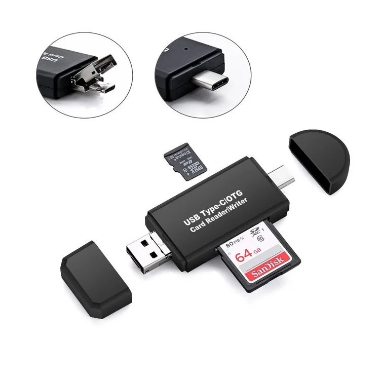 TF / SD بطاقة قارئ، و 3 في 1 نوع C / مايكرو USB / USB 2.0 محول وتغ للكمبيوتر، أجهزة الكمبيوتر المحمول، أجهزة لوحية، هواتف نقالة الأسود