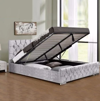 Crystal Tufted Gas Lift Up Crushed Velvet Storage Bed Leather With High Headboard Hydraulic Modern Product Crystal Tufted Gas Lift Up Crushed