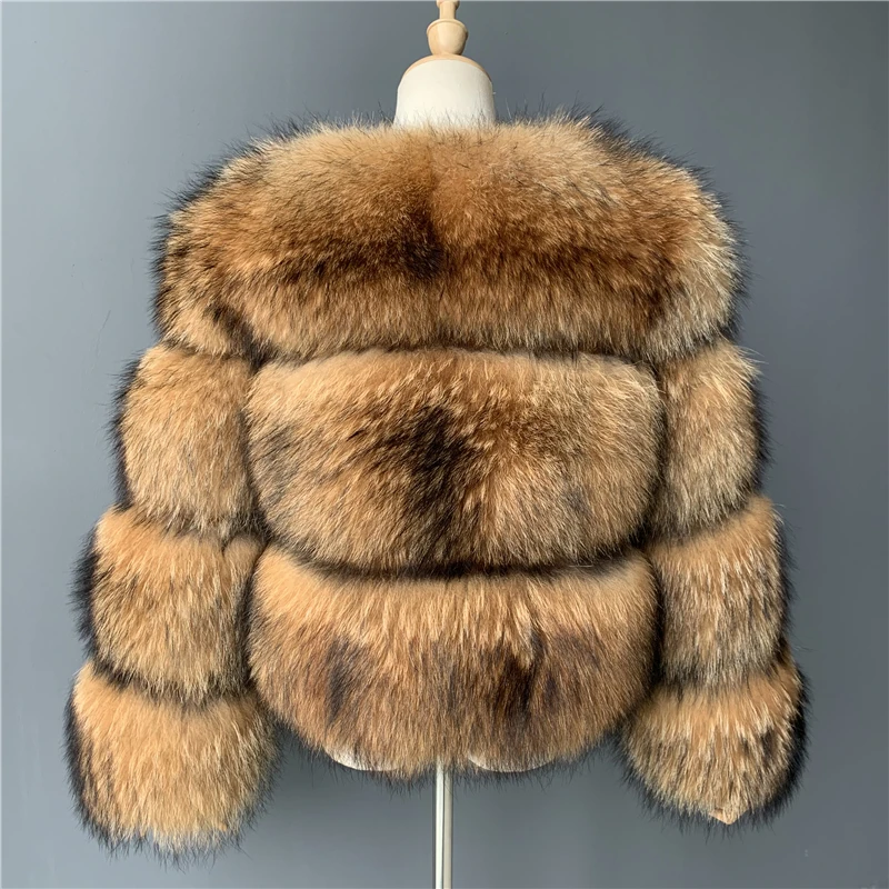 定义蓬松真正自然浣熊狗毛皮夹克全袖厚冬季女性真正浣熊毛皮大衣大衣