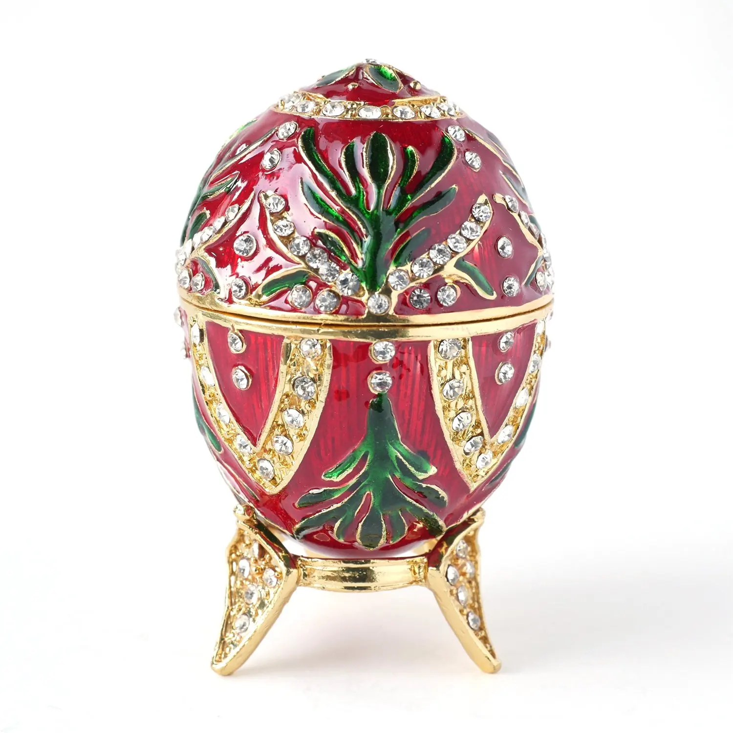 Rhinestones Enamel Jewelry Trinket Box Rich Red Faberge Egg with Gold Finish