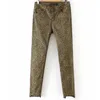 Z31684A Women's fashion leopard print washed denim raw edge pants