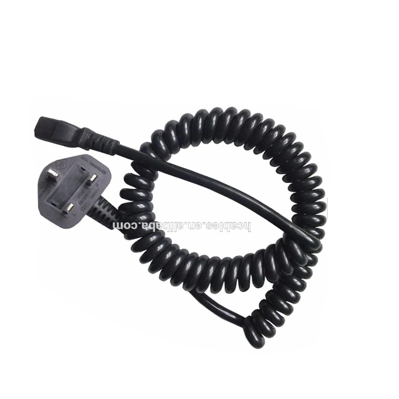 PUR BLACK CURLY MAINS POWER LEAD CABLE SPRING LOADED 13A EQUIPMENT FLEX 3 CORE 