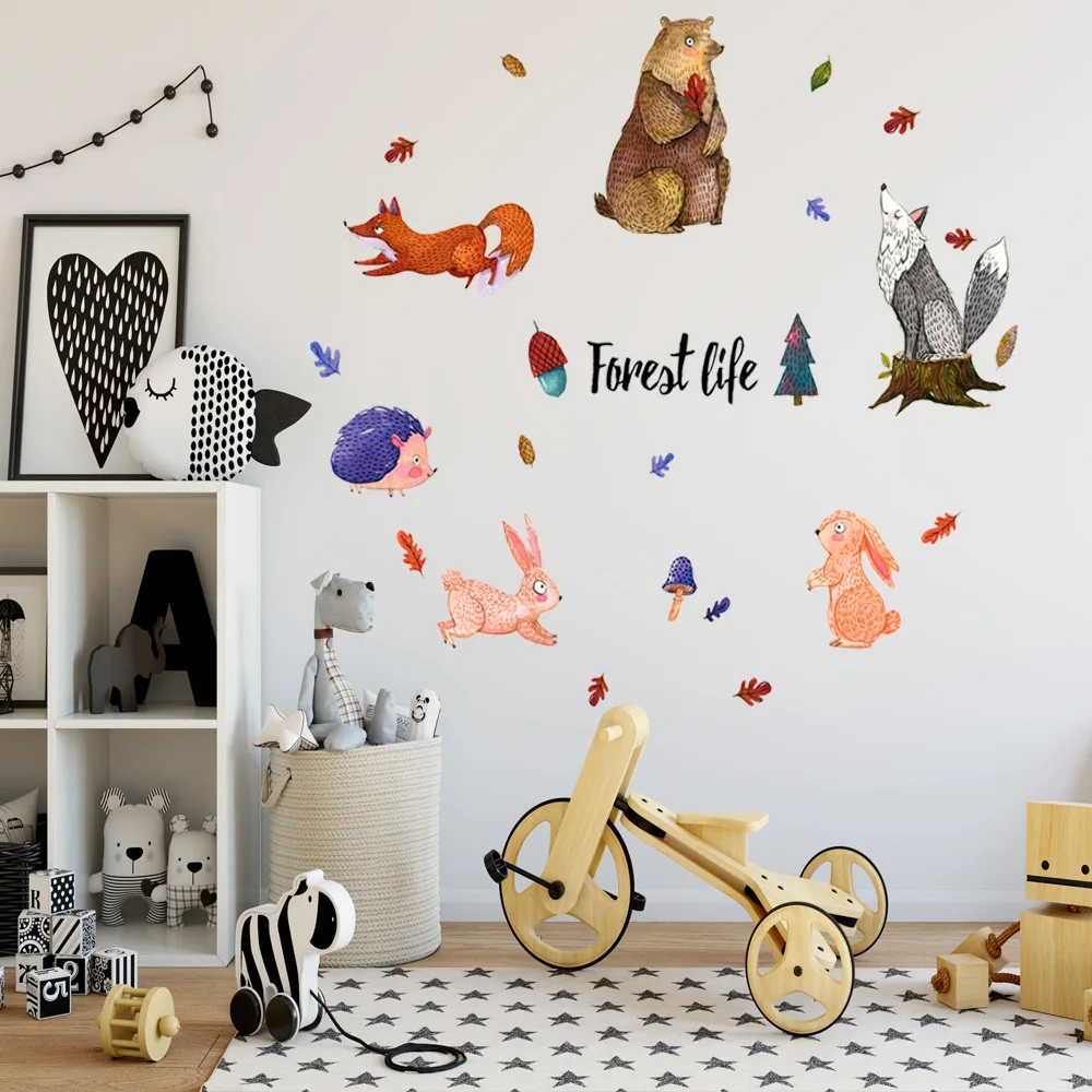 Nordic Style Simple Wall Stickers Cartoon Forest Bear Rabbit Fox 