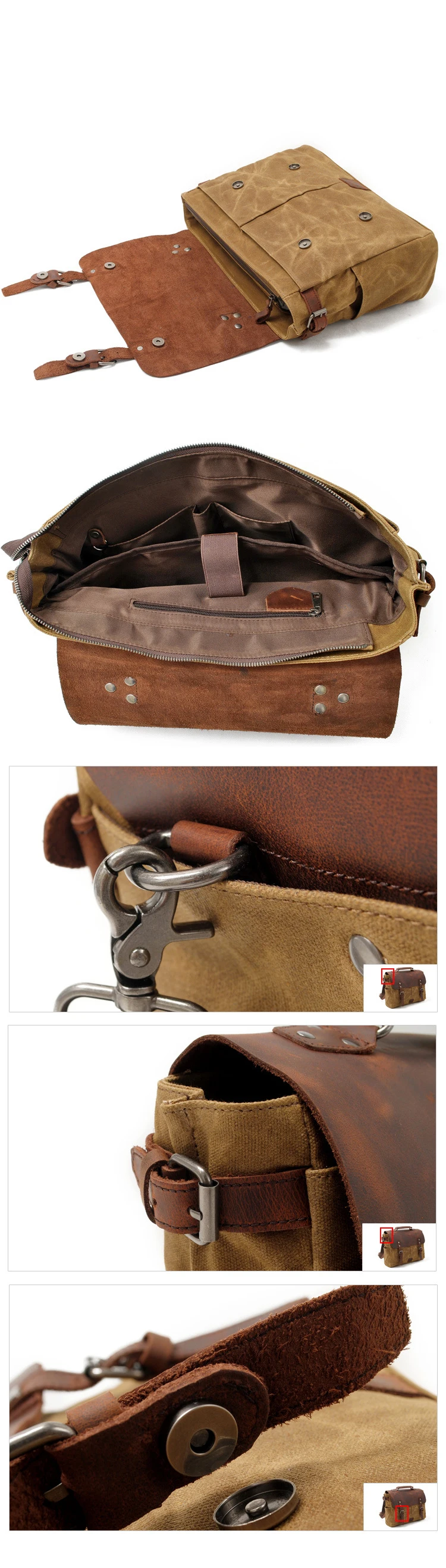 2018 Brand vintage waterproof waxed canvas business leather laptop briefcase satchel shoulder messenger bag