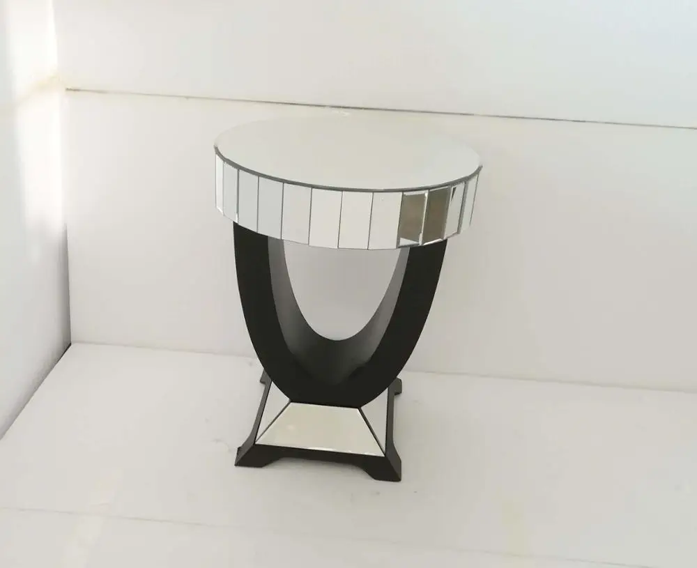 Black Wood Base Round Mirrored Corner Side Table For Living Room